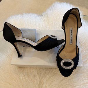 Manolo Blahnik, Size 7, Black Satin Dorsey Heel, Crystal